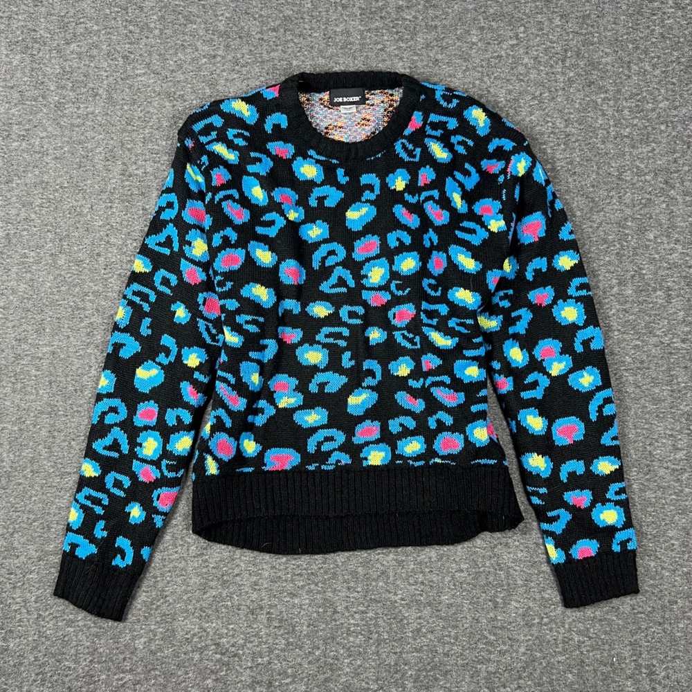 Joe Boxer Sweater Women Medium Black Neon Cheetah Print 80s Retro Futurism